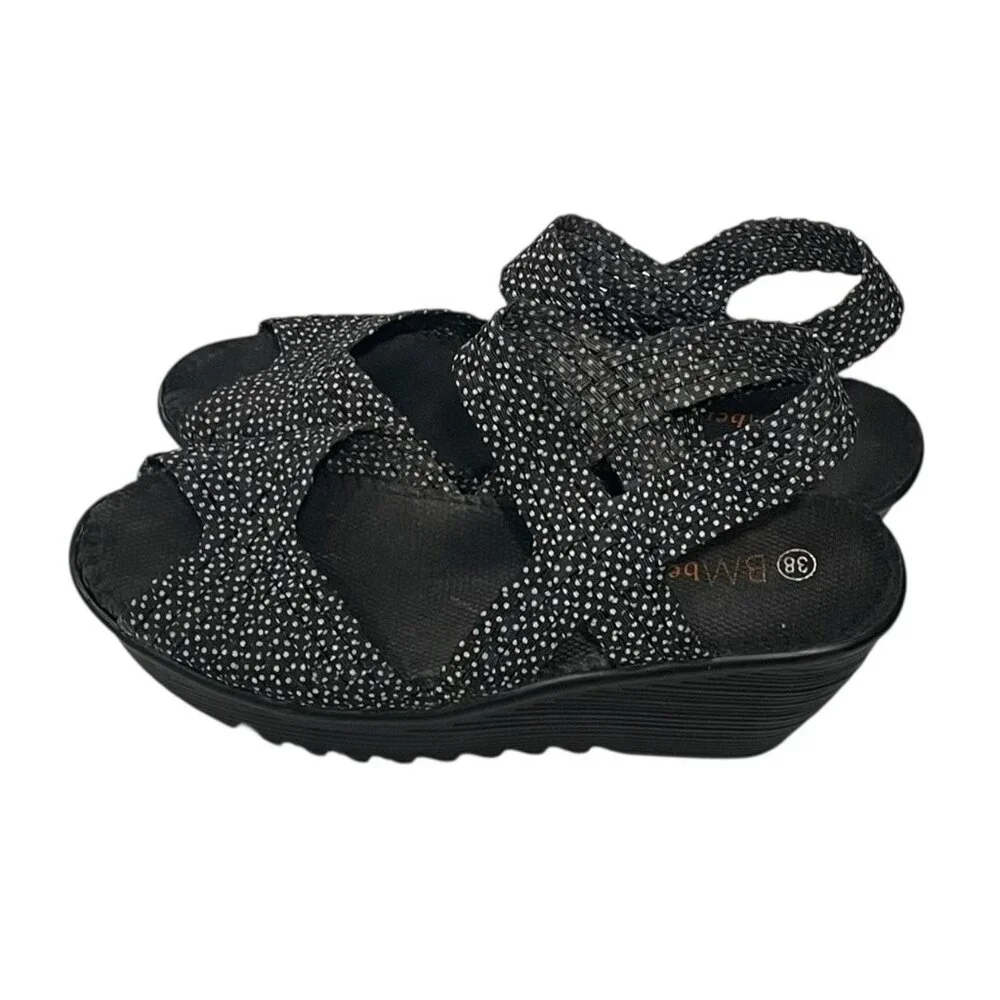 Bernie Mev Womens Polka Dot Sandals Peep Toe Wedge Black White Comfort 38 US 7 - Picture 3 of 9